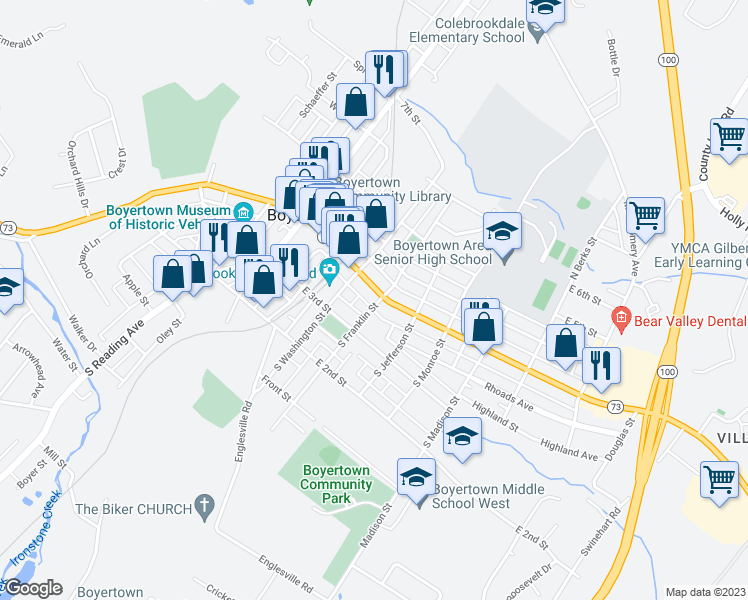 map of restaurants, bars, coffee shops, grocery stores, and more near 234 East Philadelphia Avenue in Boyertown