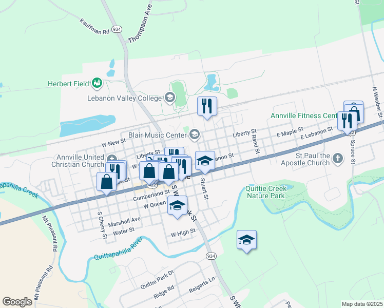 map of restaurants, bars, coffee shops, grocery stores, and more near 101 College Avenue in Annville