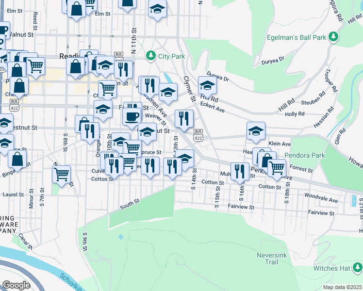 map of restaurants, bars, coffee shops, grocery stores, and more near 1321 Spruce Street in Reading