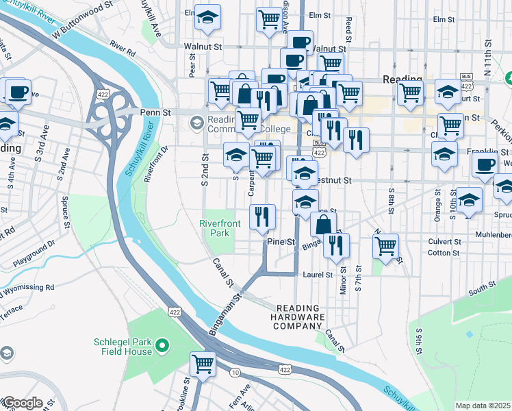map of restaurants, bars, coffee shops, grocery stores, and more near 305 South 4th Street in Reading