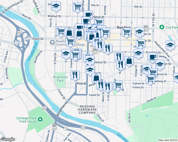 map of restaurants, bars, coffee shops, grocery stores, and more near 243 South 5th Street in Reading