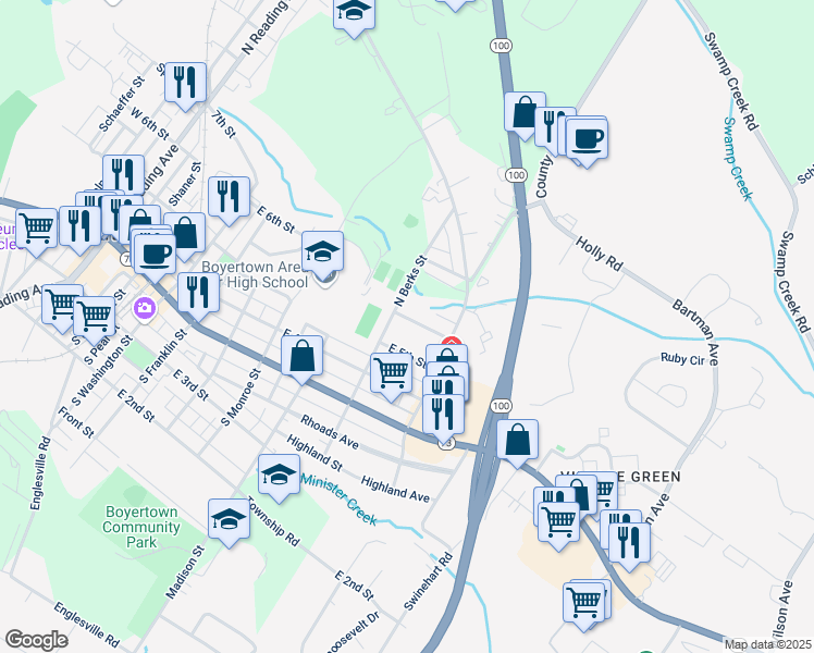 map of restaurants, bars, coffee shops, grocery stores, and more near 714 East 6th Street in Boyertown