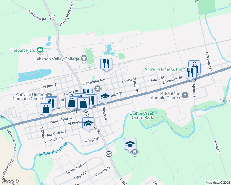 map of restaurants, bars, coffee shops, grocery stores, and more near 31 North Railroad Street in Annville