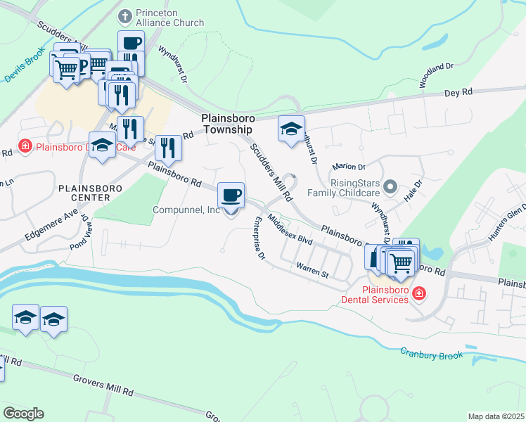 map of restaurants, bars, coffee shops, grocery stores, and more near Plainsboro Road in Plainsboro Center