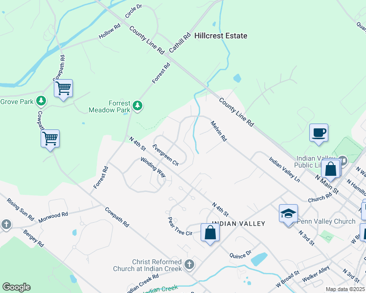 map of restaurants, bars, coffee shops, grocery stores, and more near 757 Evergreen Circle in Telford