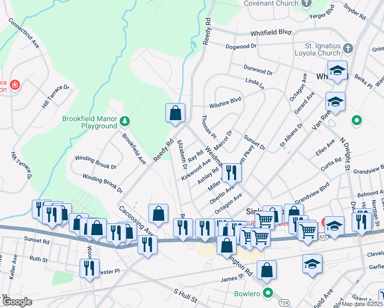 map of restaurants, bars, coffee shops, grocery stores, and more near 308 Elizabeth Drive in Sinking Spring