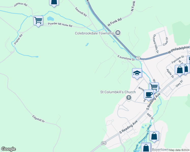 map of restaurants, bars, coffee shops, grocery stores, and more near 143 Pheasant Run Road in Boyertown