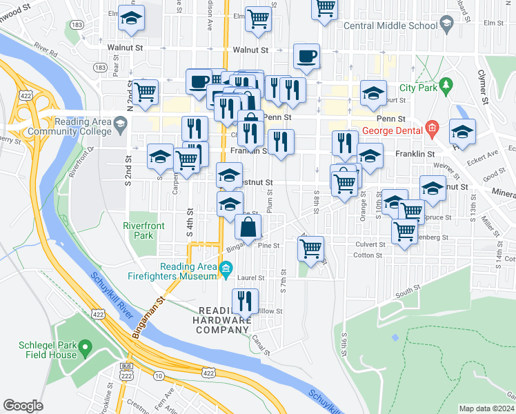 map of restaurants, bars, coffee shops, grocery stores, and more near 239 South 6th Street in Reading