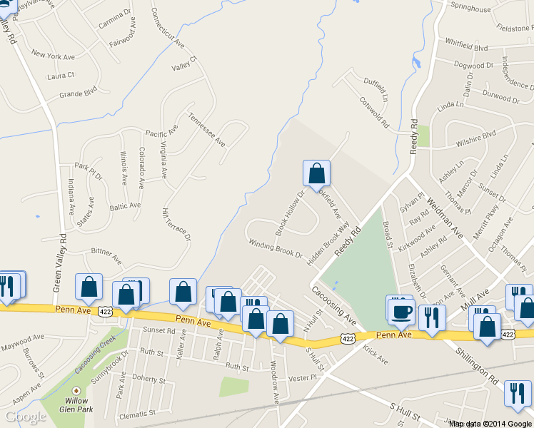 map of restaurants, bars, coffee shops, grocery stores, and more near 40 Winding Brook Drive in Sinking Spring