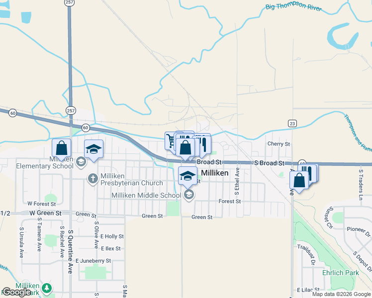 map of restaurants, bars, coffee shops, grocery stores, and more near in Milliken