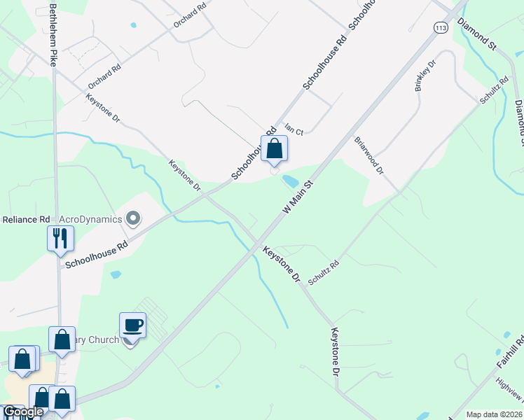 map of restaurants, bars, coffee shops, grocery stores, and more near 831 Keystone Drive in Sellersville