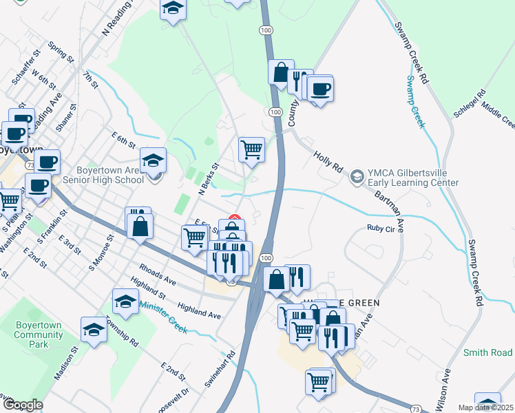 map of restaurants, bars, coffee shops, grocery stores, and more near 183 Montgomery Avenue in Boyertown