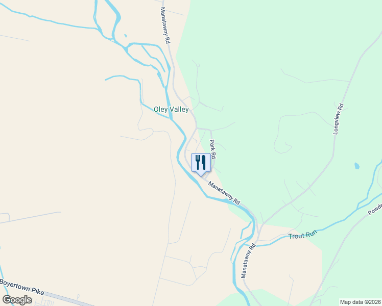 map of restaurants, bars, coffee shops, grocery stores, and more near 1129 Manatawny Road in Boyertown