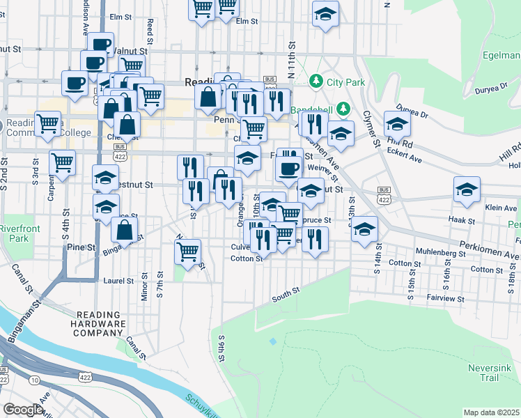 map of restaurants, bars, coffee shops, grocery stores, and more near 259 South 10th Street in Reading