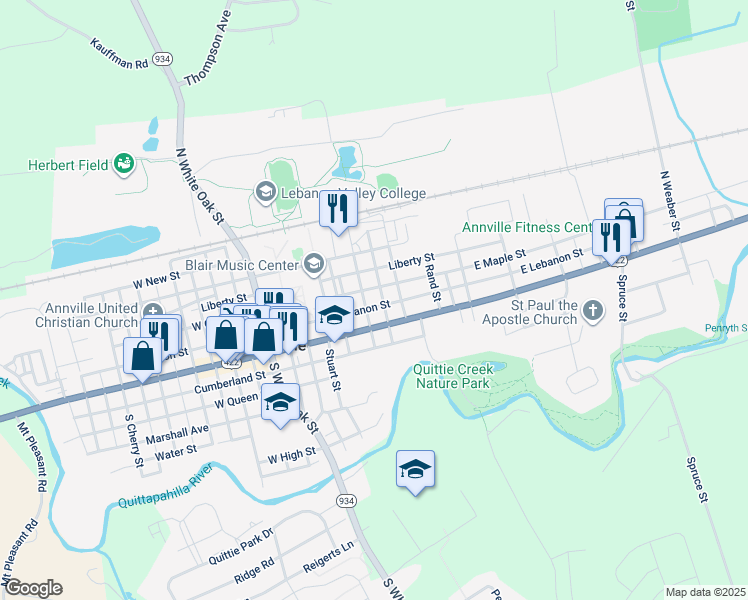 map of restaurants, bars, coffee shops, grocery stores, and more near 327 East Main Street in Annville