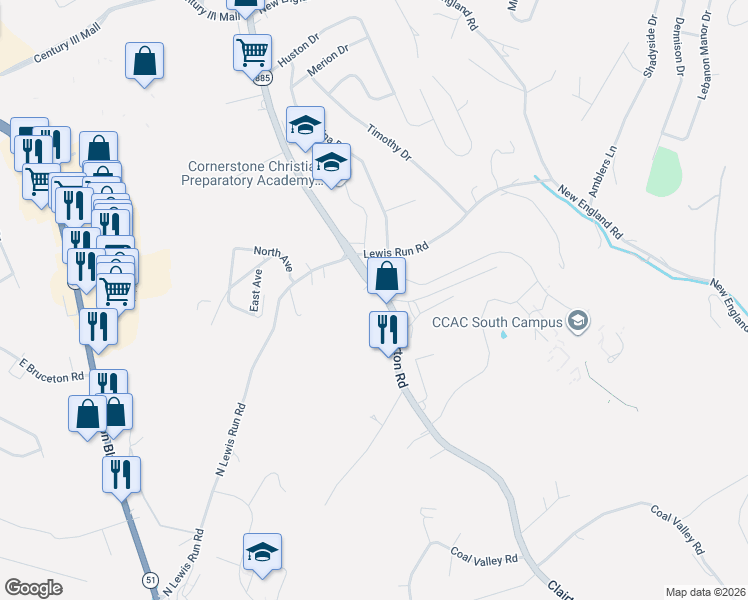 map of restaurants, bars, coffee shops, grocery stores, and more near 1743 Clairton Road in West Mifflin