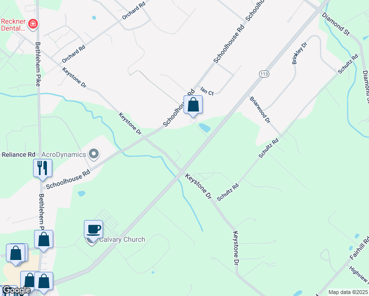 map of restaurants, bars, coffee shops, grocery stores, and more near 904 Pennsylvania 113 in Sellersville