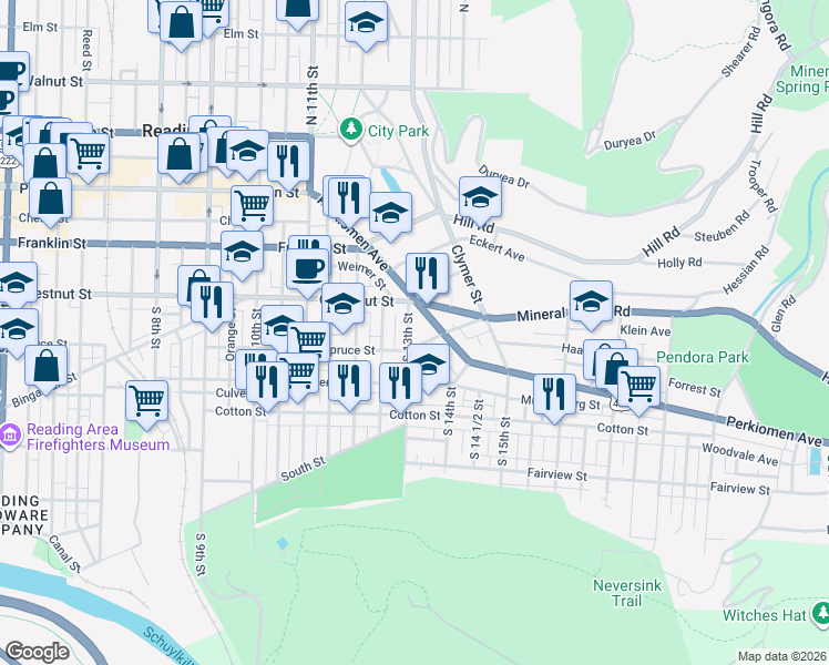 map of restaurants, bars, coffee shops, grocery stores, and more near 1312 Spruce Street in Reading