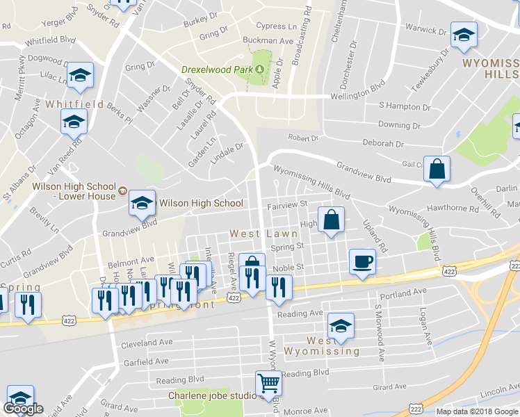 map of restaurants, bars, coffee shops, grocery stores, and more near 2300 Fairview Street in West Lawn
