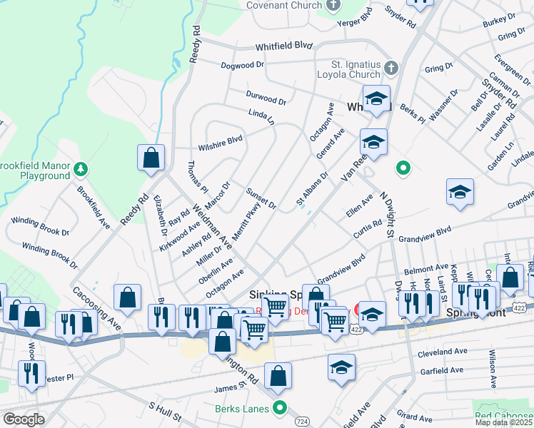 map of restaurants, bars, coffee shops, grocery stores, and more near 3121 Octagon Avenue in Sinking Spring