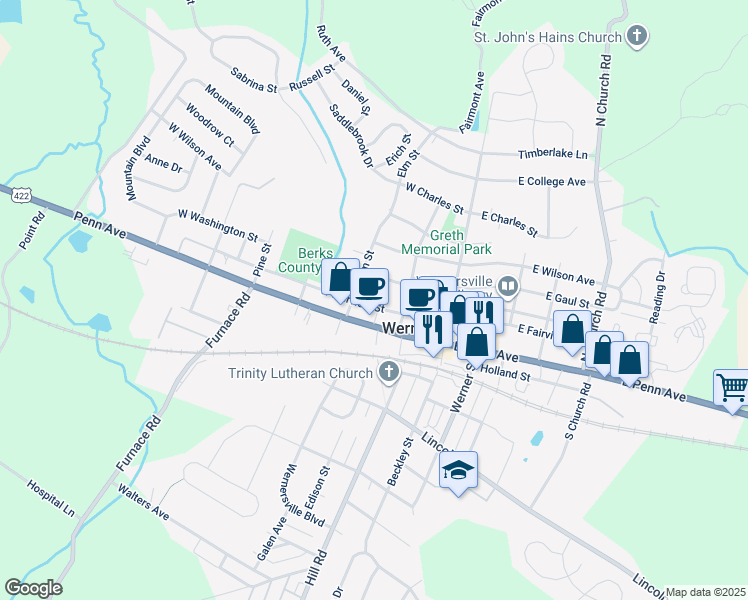 map of restaurants, bars, coffee shops, grocery stores, and more near 24 Elm View Court in Wernersville