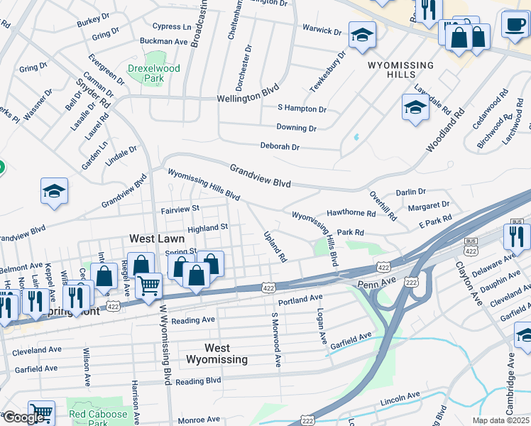 map of restaurants, bars, coffee shops, grocery stores, and more near 52 Wyomissing Hills Boulevard in Reading