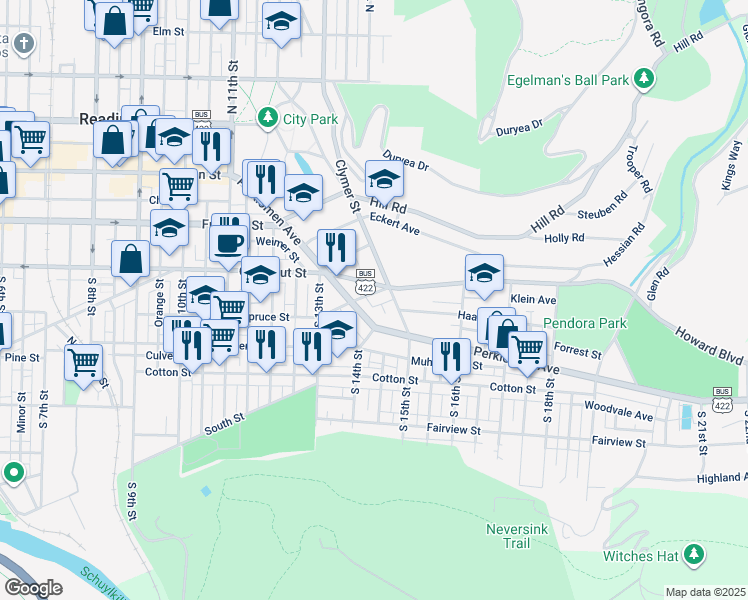map of restaurants, bars, coffee shops, grocery stores, and more near 1374 Perkiomen Avenue in Reading