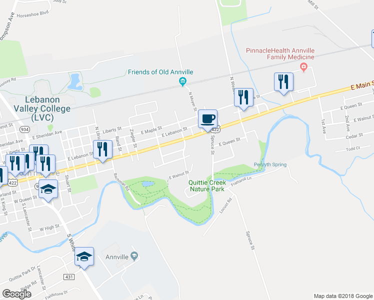 map of restaurants, bars, coffee shops, grocery stores, and more near 30 Long Street in Annville