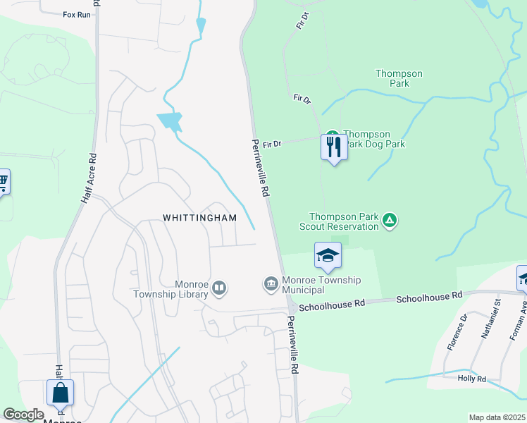 map of restaurants, bars, coffee shops, grocery stores, and more near 1646 Perrineville Road in Monroe Township