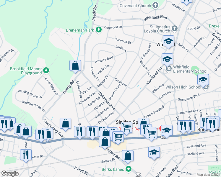 map of restaurants, bars, coffee shops, grocery stores, and more near 3125 Merritt Parkway in Sinking Spring
