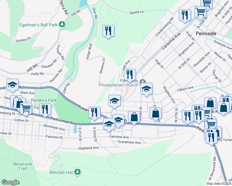 map of restaurants, bars, coffee shops, grocery stores, and more near 128R North 23rd Street in Reading