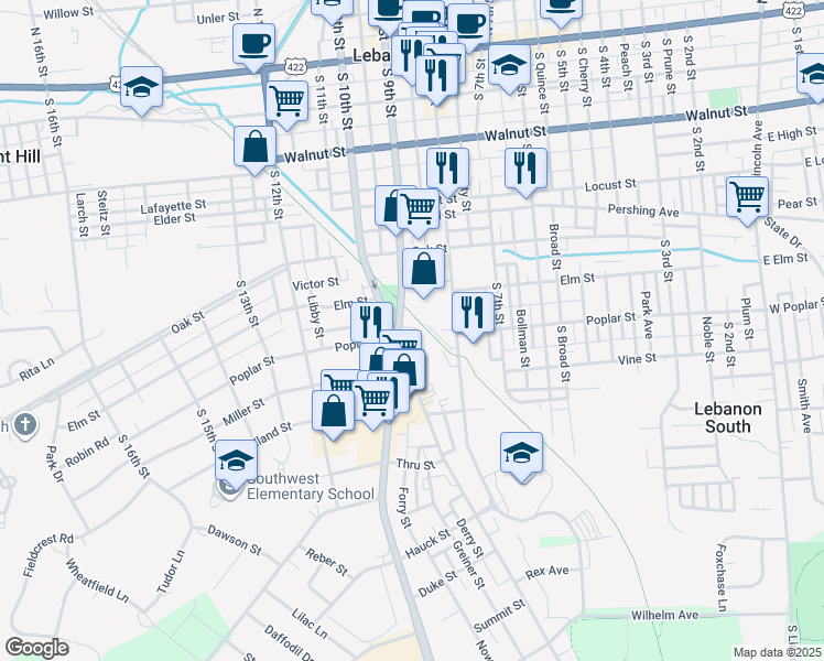 map of restaurants, bars, coffee shops, grocery stores, and more near 605 South 8th Street in Lebanon