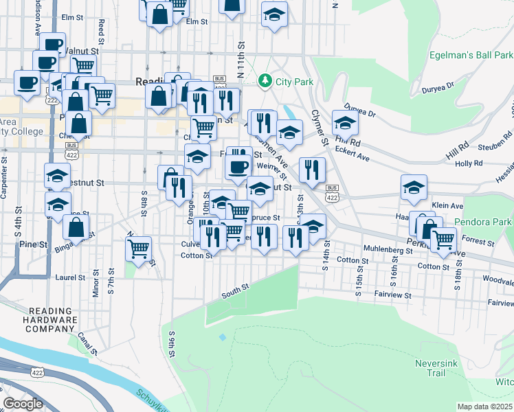 map of restaurants, bars, coffee shops, grocery stores, and more near 235 Wunder Street in Reading