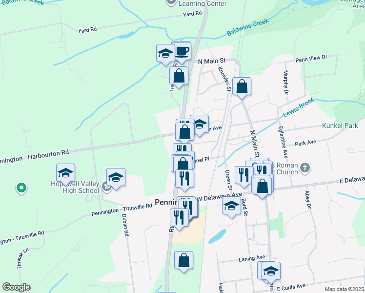 map of restaurants, bars, coffee shops, grocery stores, and more near 125 Broemel Place in Pennington