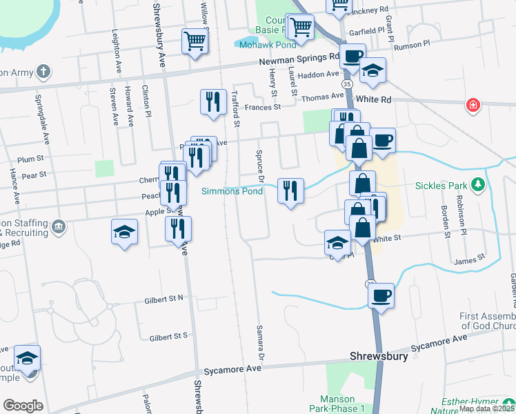 map of restaurants, bars, coffee shops, grocery stores, and more near 175 Spruce Drive in Shrewsbury