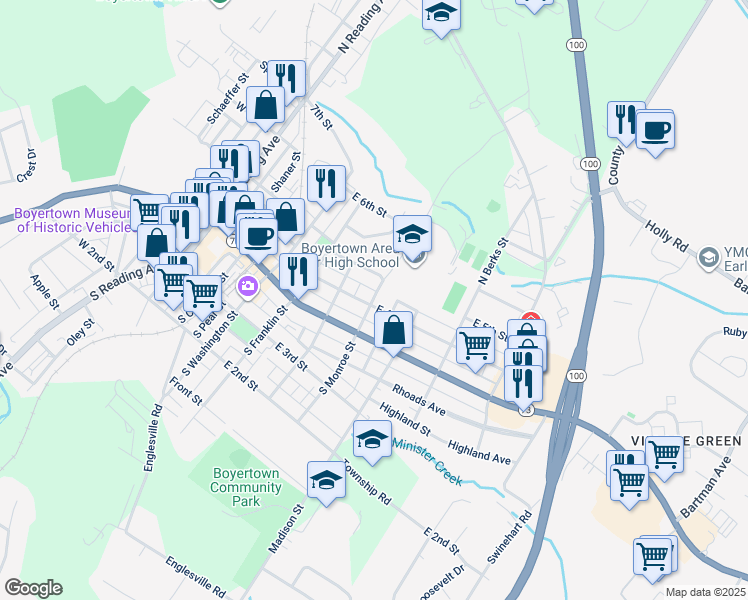 map of restaurants, bars, coffee shops, grocery stores, and more near 120 North Monroe Street in Boyertown