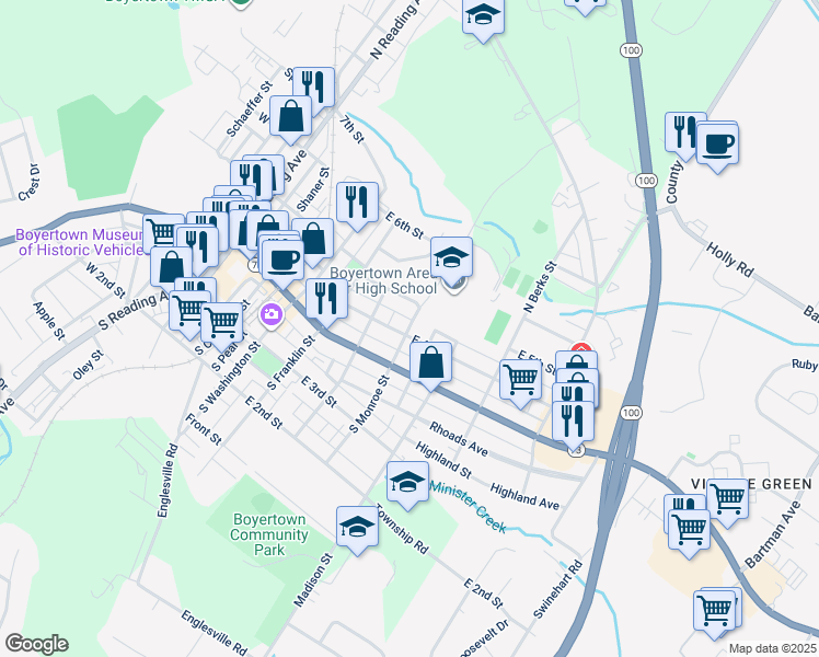 map of restaurants, bars, coffee shops, grocery stores, and more near 120 North Monroe Street in Boyertown