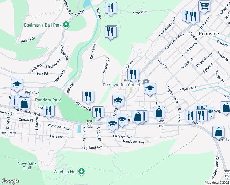 map of restaurants, bars, coffee shops, grocery stores, and more near 128R North 23rd Street in Reading