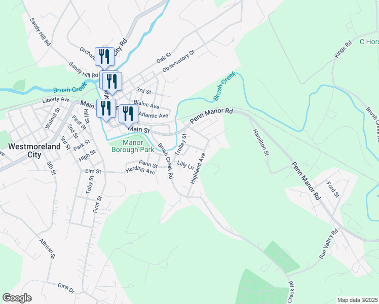 map of restaurants, bars, coffee shops, grocery stores, and more near 17 Lilly Lane in Manor