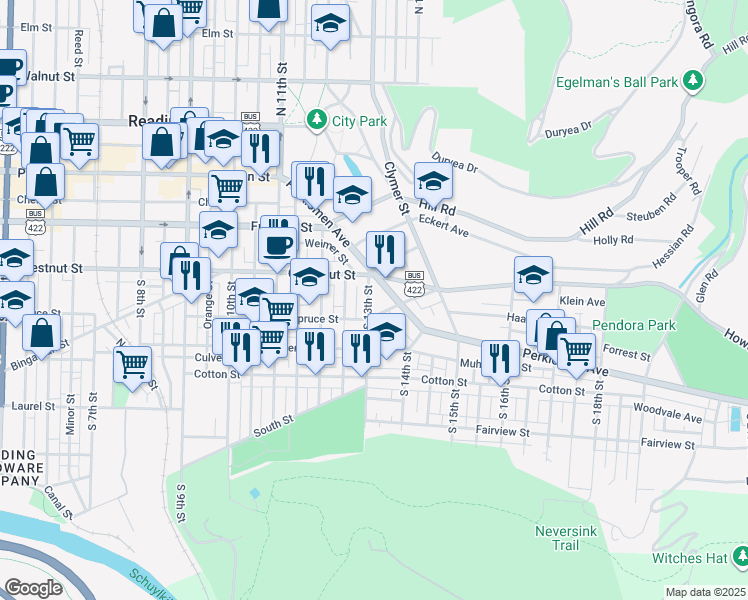 map of restaurants, bars, coffee shops, grocery stores, and more near 1312 Spruce Street in Reading