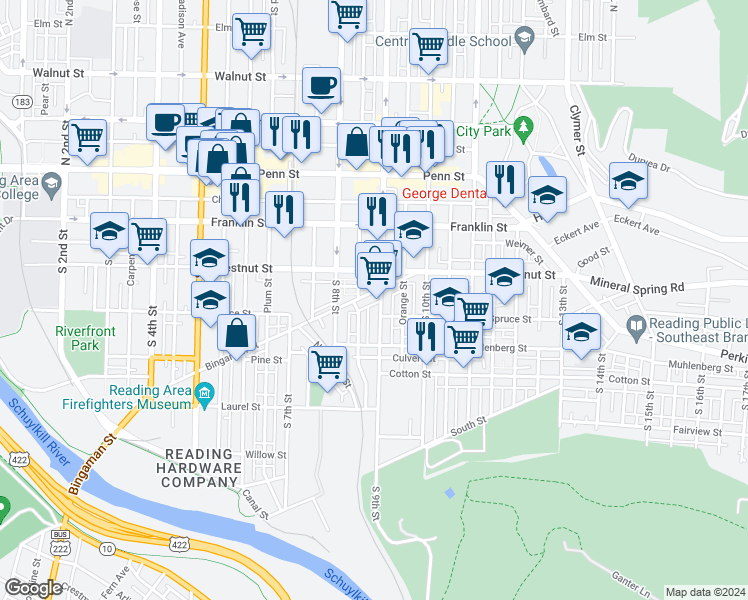 map of restaurants, bars, coffee shops, grocery stores, and more near 325 Spring Garden Street in Reading