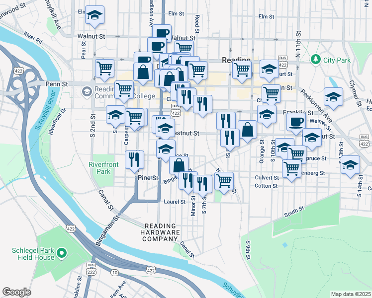 map of restaurants, bars, coffee shops, grocery stores, and more near in Reading