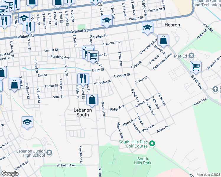 map of restaurants, bars, coffee shops, grocery stores, and more near 624 Renova Avenue in Lebanon
