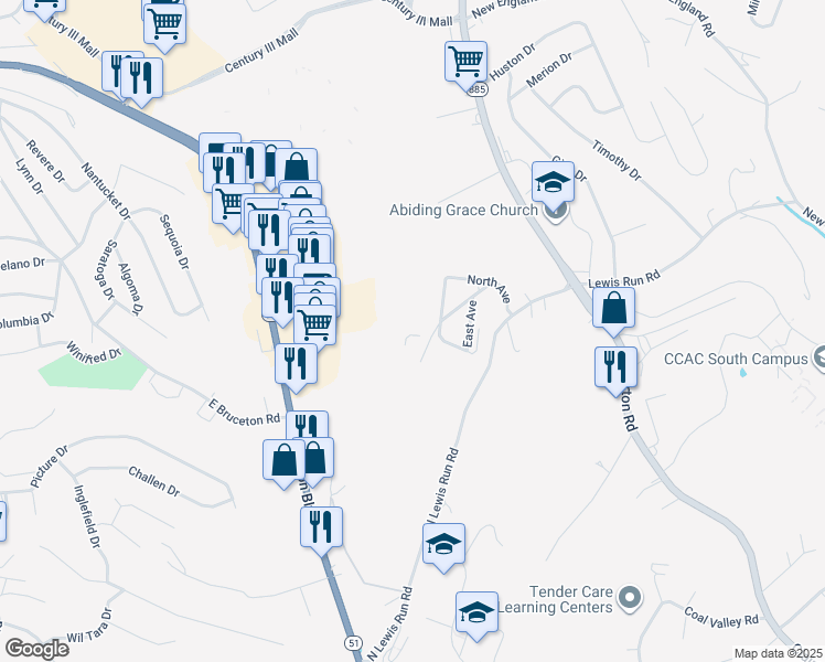 map of restaurants, bars, coffee shops, grocery stores, and more near 119 South Avenue in Pittsburgh