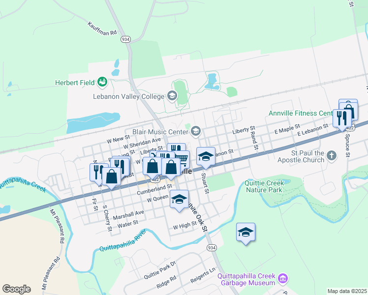 map of restaurants, bars, coffee shops, grocery stores, and more near 101 College Avenue in Annville