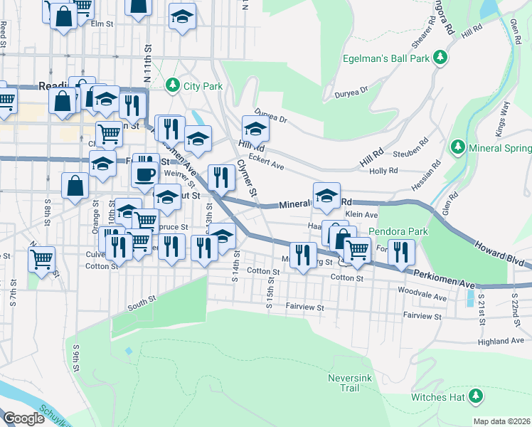 map of restaurants, bars, coffee shops, grocery stores, and more near 232 Clymer Street in Reading