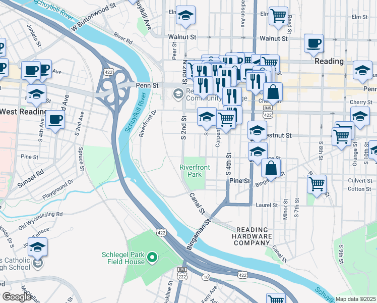 map of restaurants, bars, coffee shops, grocery stores, and more near 208 Chestnut Street in Reading