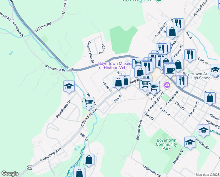 map of restaurants, bars, coffee shops, grocery stores, and more near 11 Apple Street in Boyertown