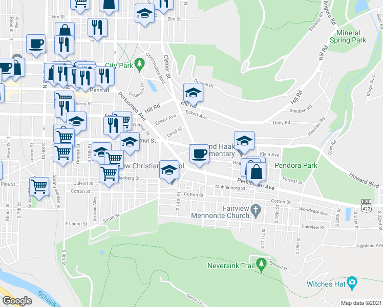 map of restaurants, bars, coffee shops, grocery stores, and more near 1436 Spruce Street in Reading