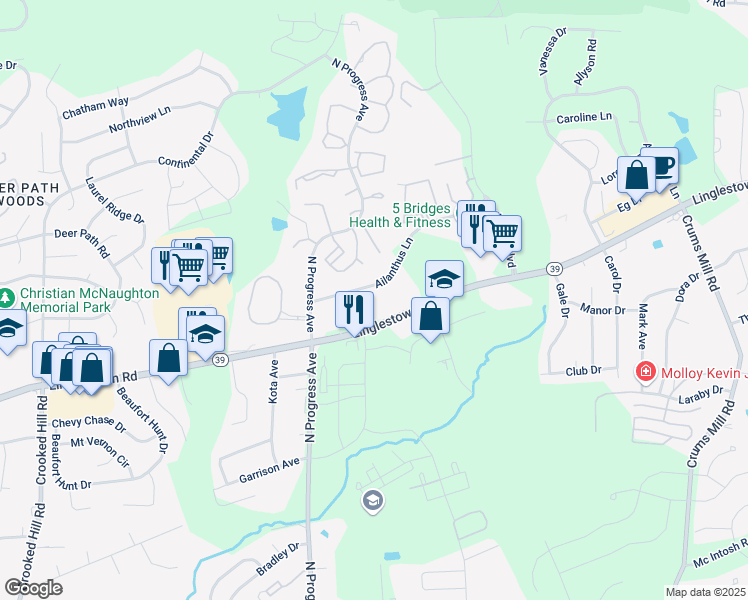 map of restaurants, bars, coffee shops, grocery stores, and more near 2625 Ailanthus Lane in Harrisburg